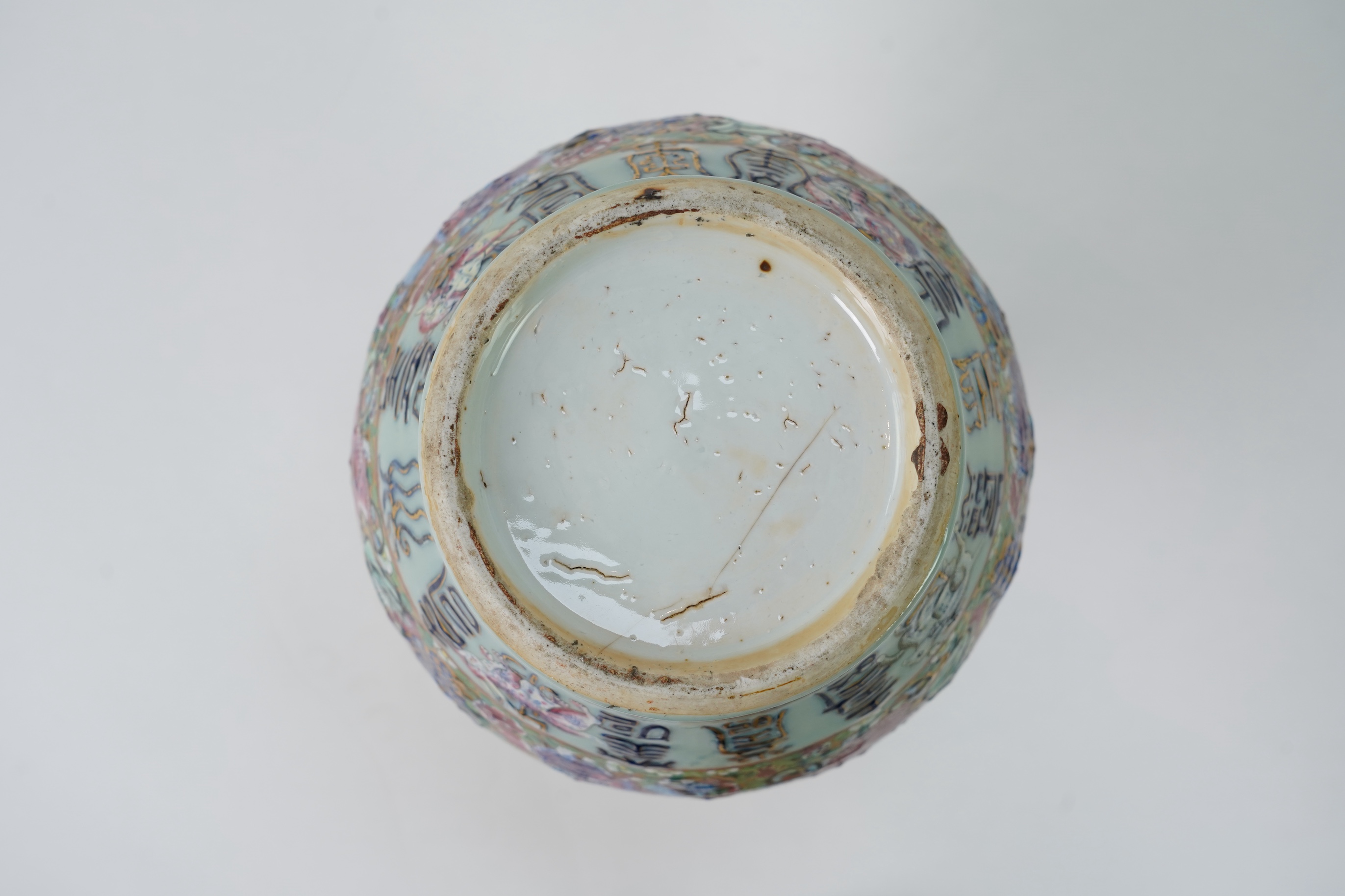 A Chinese celadon ground famille rose ‘Hundred Shou’ vase, 19th century